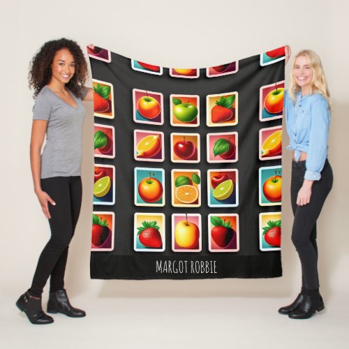 Fruits in squared box Red Green Pattern Fleece Blanket