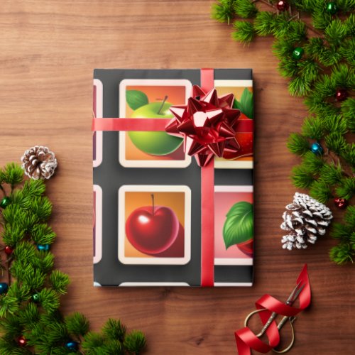 Fruits in squared box Red Green Pattern Wrapping Paper