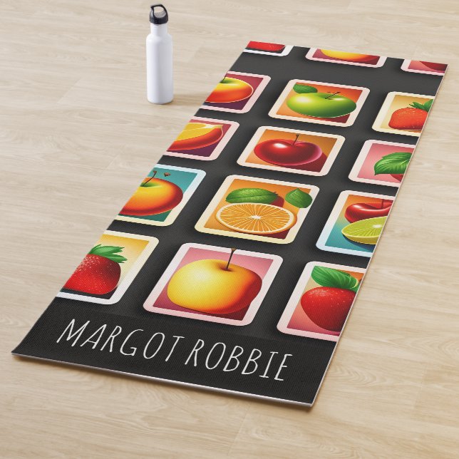 Fruits in squared box Red Green Pattern Yoga Mat (In Situ)