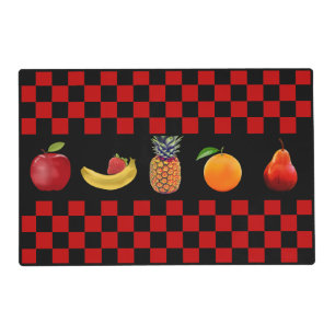 Fruits on Black & Red Checkered Pattern Placemat