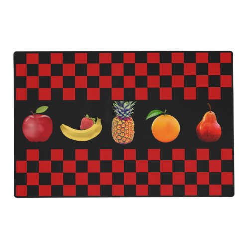 Fruits on Black  Red Checkered Pattern Placemat