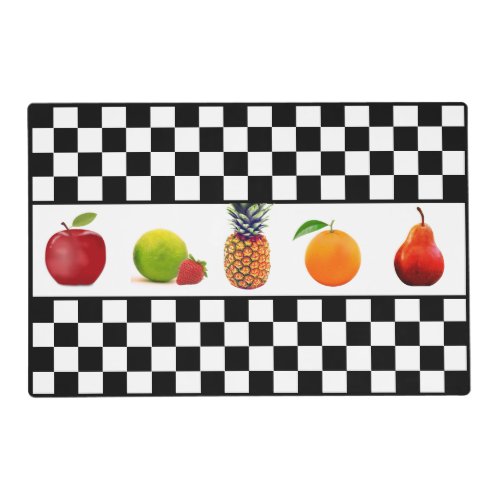 Fruits on Black  White Chess Board Pattern Placem Placemat