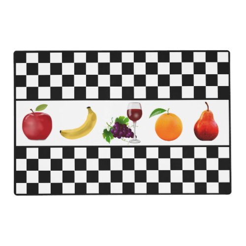 Fruits on Black  White Chess Board Pattern Placemat