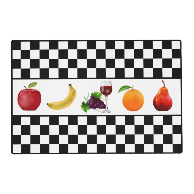 Fruits on Black & White Chess Board Pattern Placemat (Front)