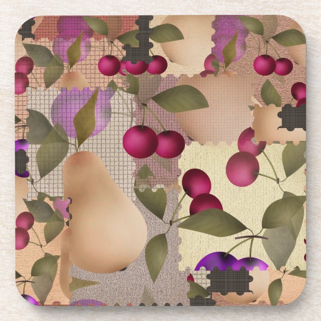 Fruits, patchwork, berries , pear , cherry , plum beverage coaster (Front)