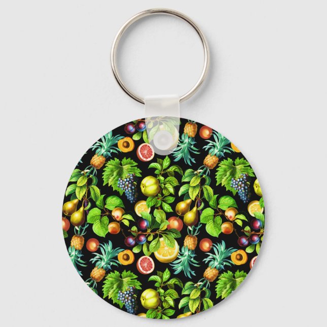 Fruits Pattern On Black Background Keychain (Front)