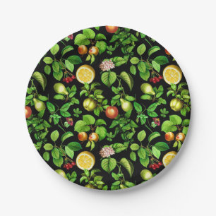 Fruits Pattern On Black Background Paper Plates