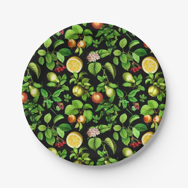 Fruits Pattern On Black Background Paper Plates (Front)
