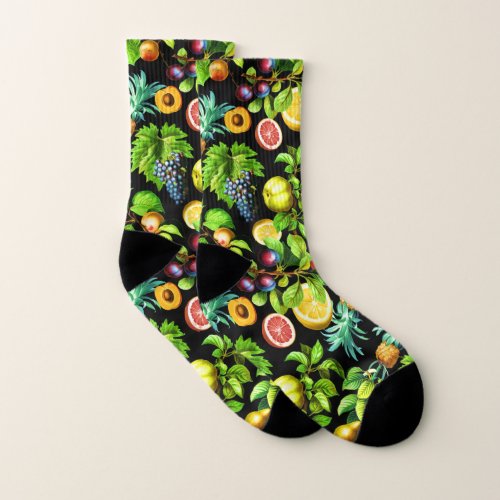 Fruits Pattern On Black Background Socks