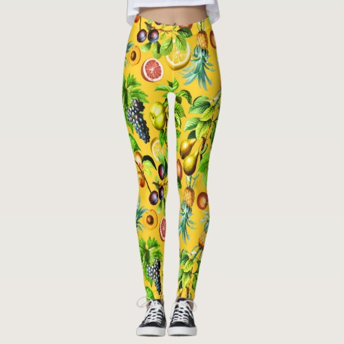 Fruits Pattern On Yellow Background Leggings