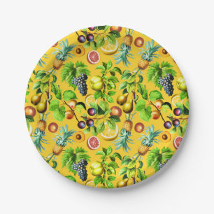 Fruits Pattern On Yellow Background Paper Plates