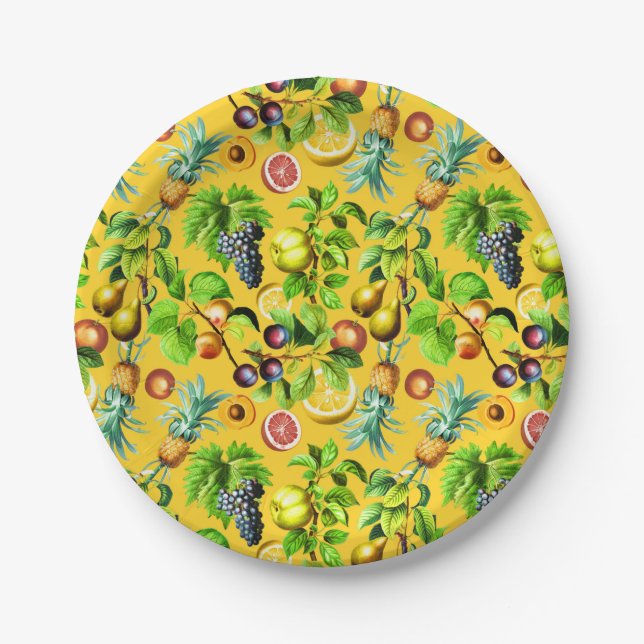 Fruits Pattern On Yellow Background Paper Plates (Front)