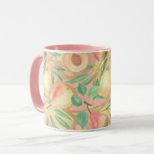 Fruits, peaches, pears, lemons, watercolor mug
