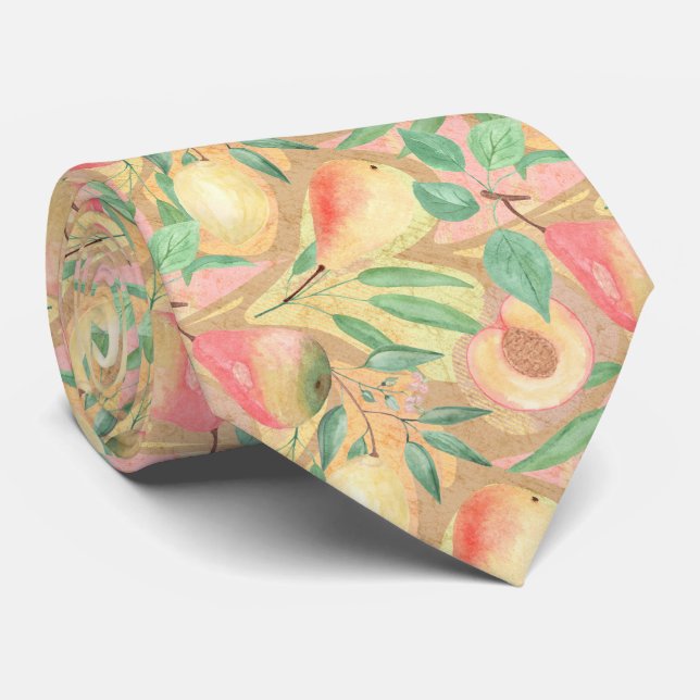 Fruits, peaches, pears, lemons, watercolor neck tie (Rolled)