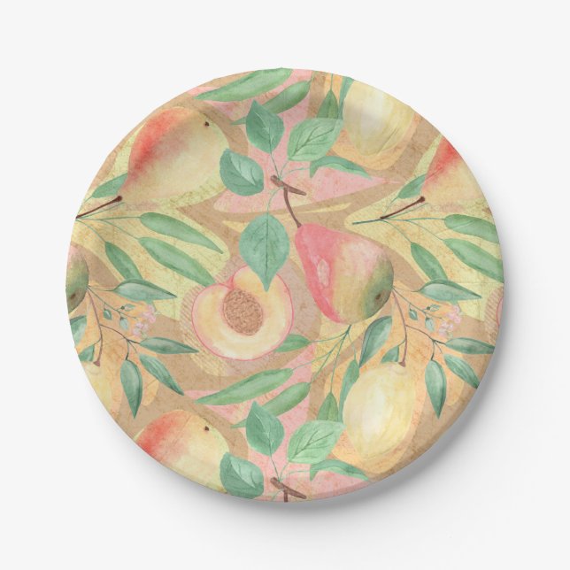 Fruits, peaches, pears, lemons, watercolor paper plates (Front)