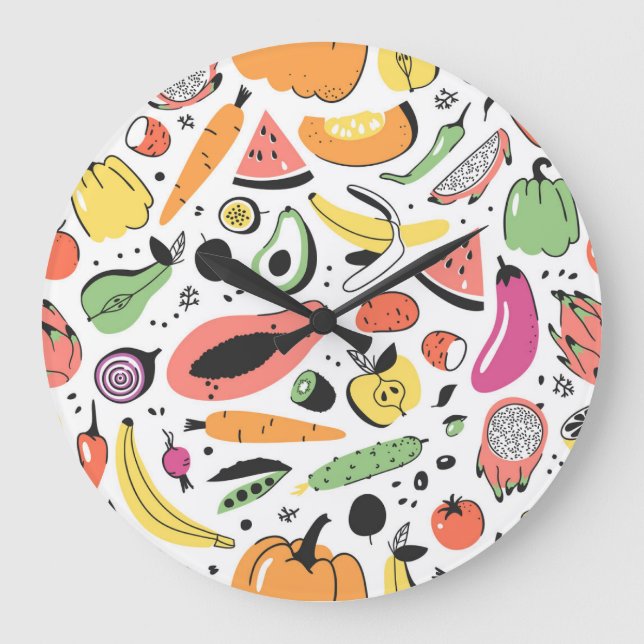 Fruits, vegetables hand drawn pattern. large clock (Front)