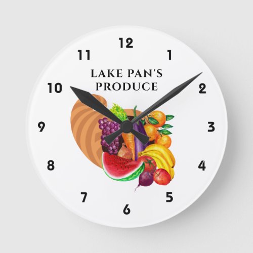 Fruits Vegetables Produce Store Cornucopia Logo Round Clock