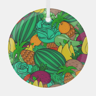 Fruits Vegetables Seamless Vegetarian Pattern Glass Ornament