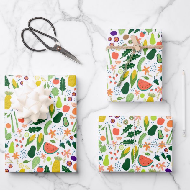 Fruits & Veggies Food Illustration Pattern Cute Wrapping Paper Sheets (Front)