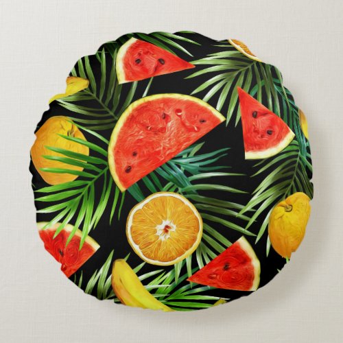 Fruits Watercolor Seamless Background Round Pillow