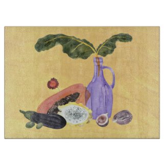 Fruits with Vase Still Life Glass Cutting Board