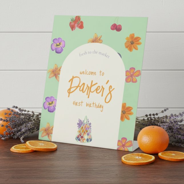 Fruity Farmer's Market First Birthday Pedestal Sign (Celebrate your little one’s first birthday with a fresh and vibrant theme!)