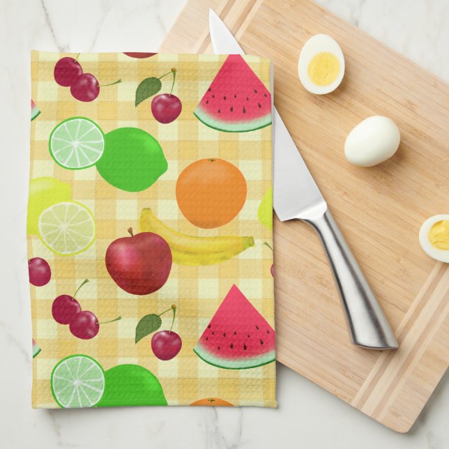 Fruity Fruits Yellow Gingham Checks Cute Kitchen Towel (Quarter Fold)