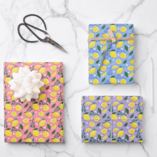 Fruity Lemons On Bright Pink, Lilac And Sky Blue Wrapping Paper Sheets