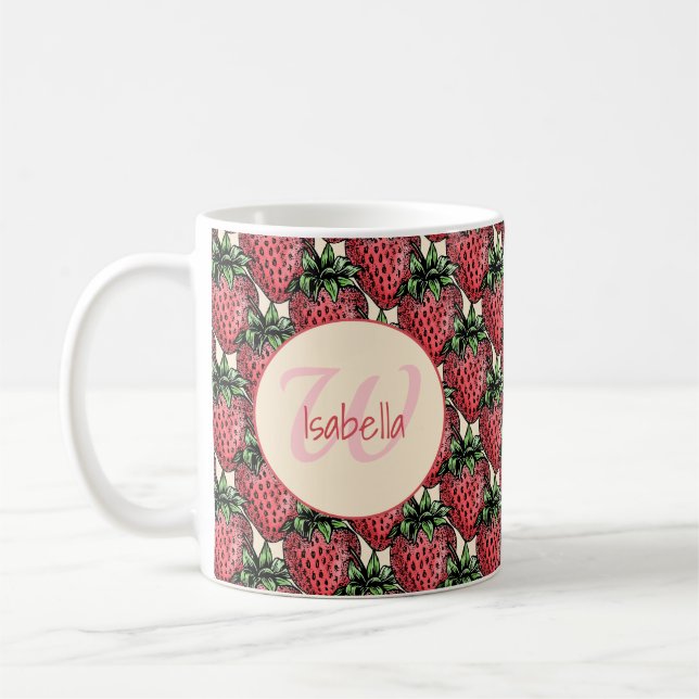 Fruity Strawberry Cluster Patten Monogram Name Coffee Mug (Left)