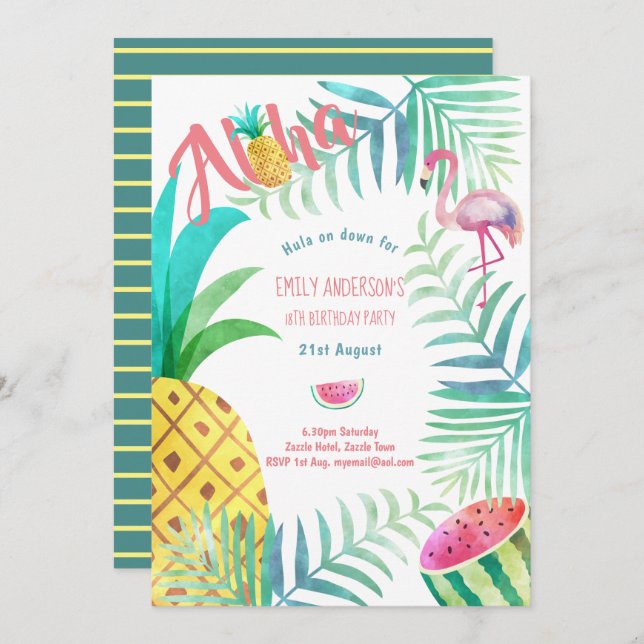 Fruity Tropical Birthday Party  Invites Flamingo (Front/Back)