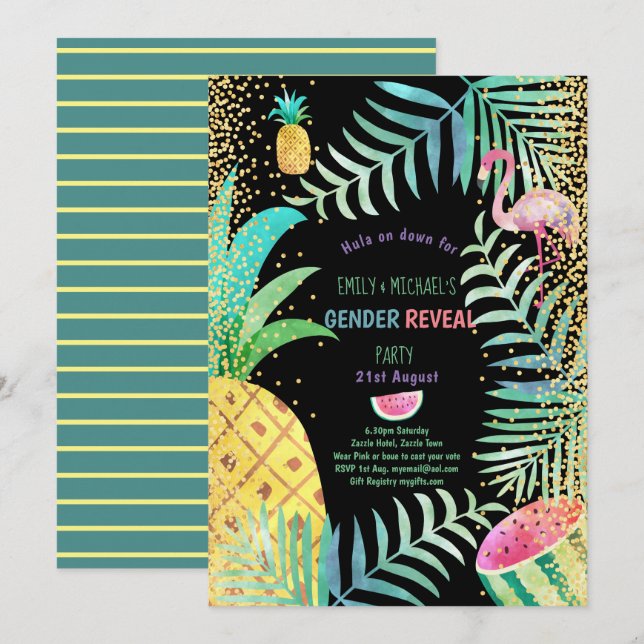 Fruity Tropical GENDER REVEAL Invites Flamingo (Front/Back)