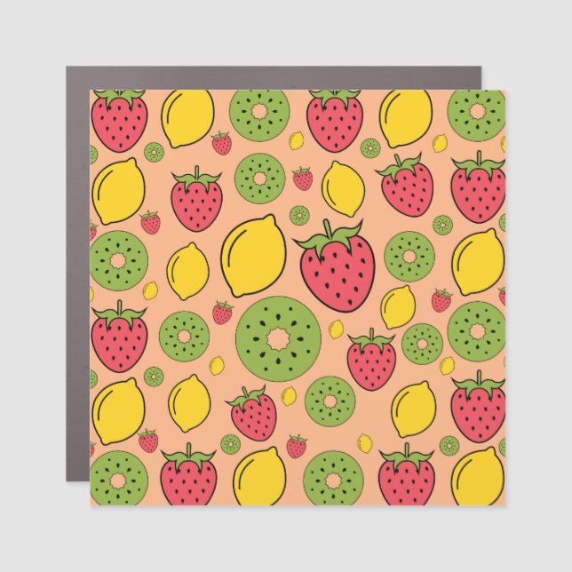 Fruity wallpaper: strawberries, lemons, kiwis. car magnet (Front)