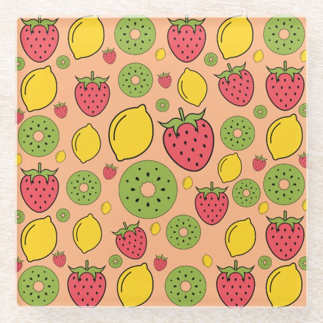 Fruity wallpaper: strawberries, lemons, kiwis. glass coaster (Front)