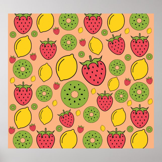 Fruity wallpaper: strawberries, lemons, kiwis. poster (Front)