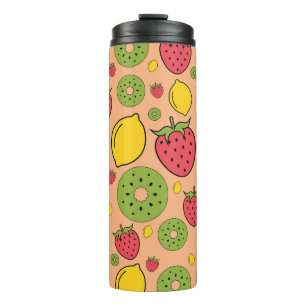 Fruity wallpaper: strawberries, lemons, kiwis. thermal tumbler