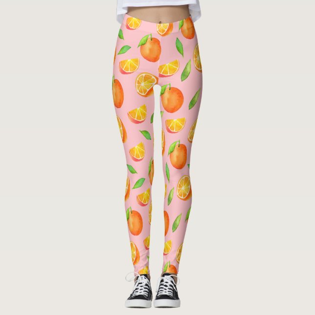 Fruity Watercolor Oranges Pattern Leggings (Front)