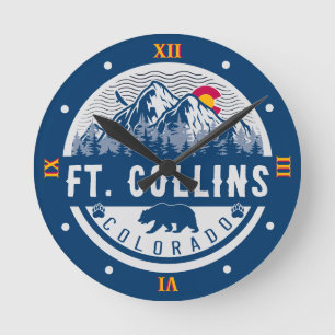 Ft Collins Colorado Flag Mountain Roman numbers Round Clock