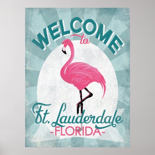 Ft Lauderdale Florida Pink Flamingo Retro Poster