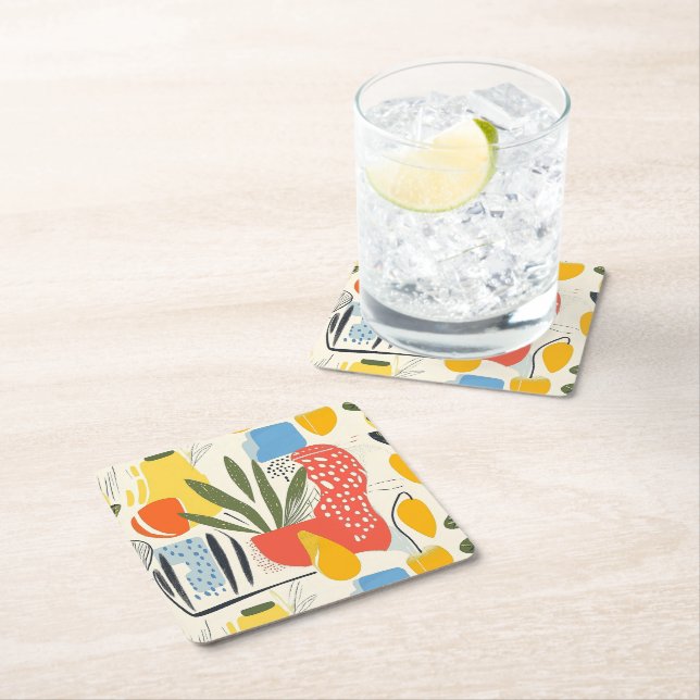 Fuavism Style Vibrant Colors Garden Pot Square Paper Coaster (Insitu)