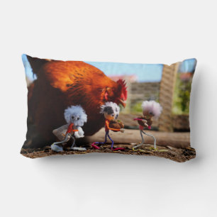 Fubby playing with the chickens and rooster. lumbar pillow