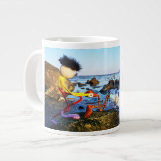 Fubby with bottle post on the coast. giant coffee mug