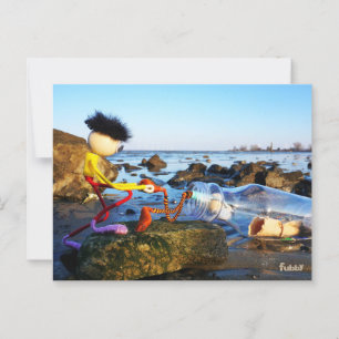 Fubby with bottle post on the coast. postcard