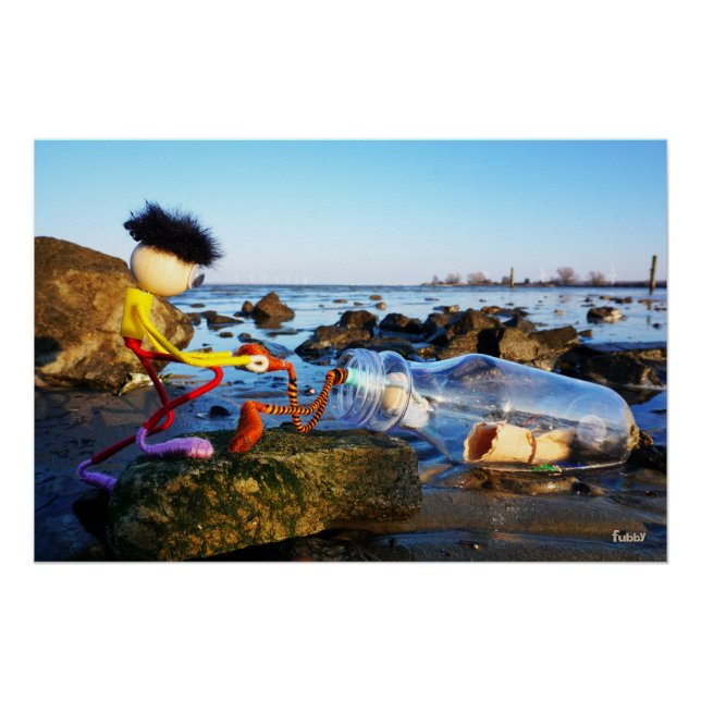 Fubby with bottle post on the coast. poster (Front)