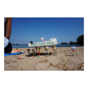 Fubby's stealing a pizza on the beach. poster