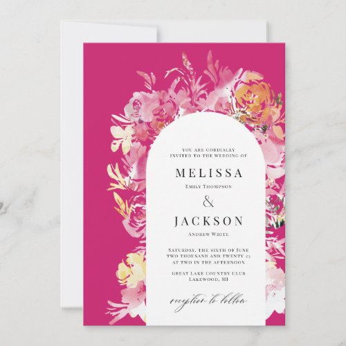 Fuchia Pink  Blush Watercolor Flower Arch Wedding Invitation
