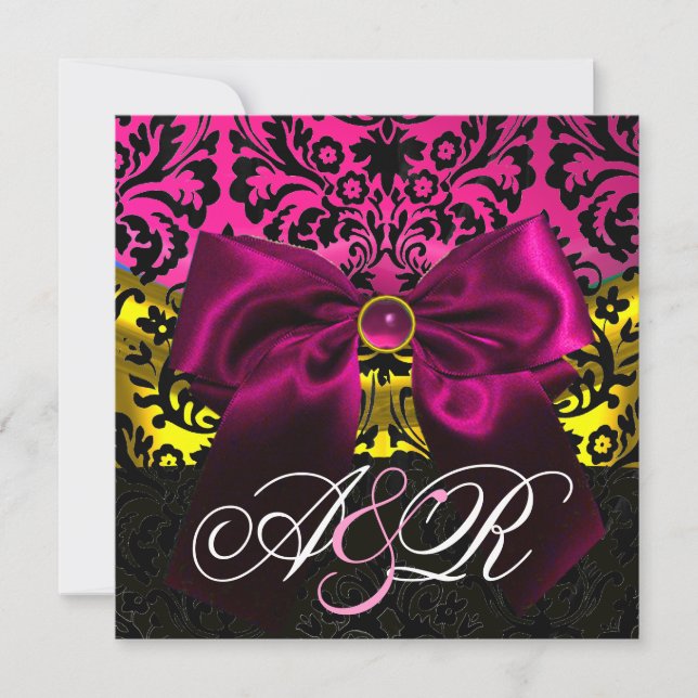 FUCHSA RIBBON GOLD PINK BLACK  DAMASK MONOGRAM INVITATION (Front)