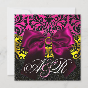 FUCHSA RIBBON GOLD PINK BLACK DAMASK MONOGRAM INVITATION