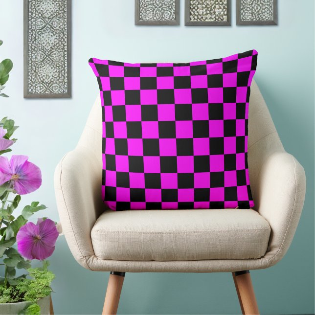 Fuchsia 80s Black Checkered Throw Pillow (Creator Uploaded)