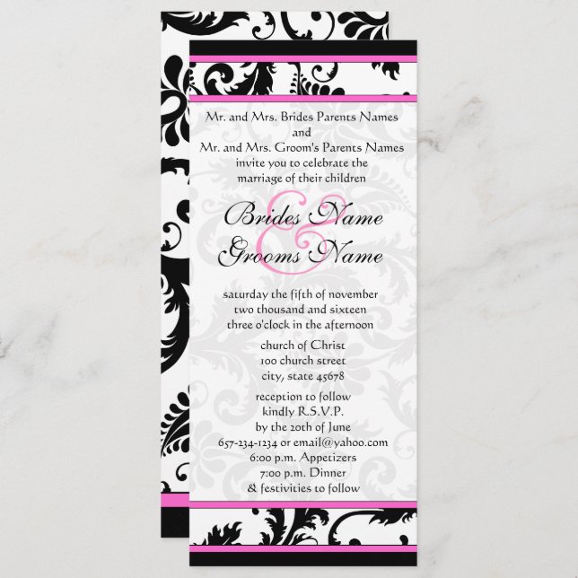 Fuchsia 9x4  Damask Swirls Wedding Invitation (Front/Back)