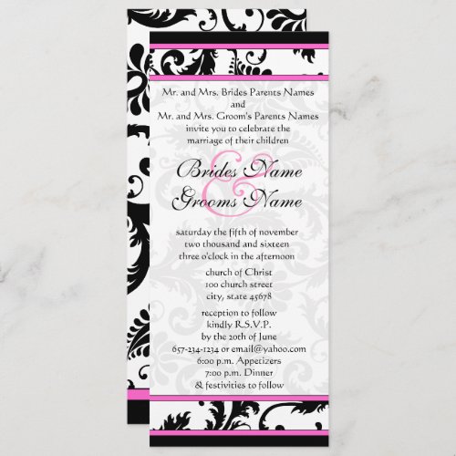 Fuchsia 9x4  Damask Swirls Wedding Invitation